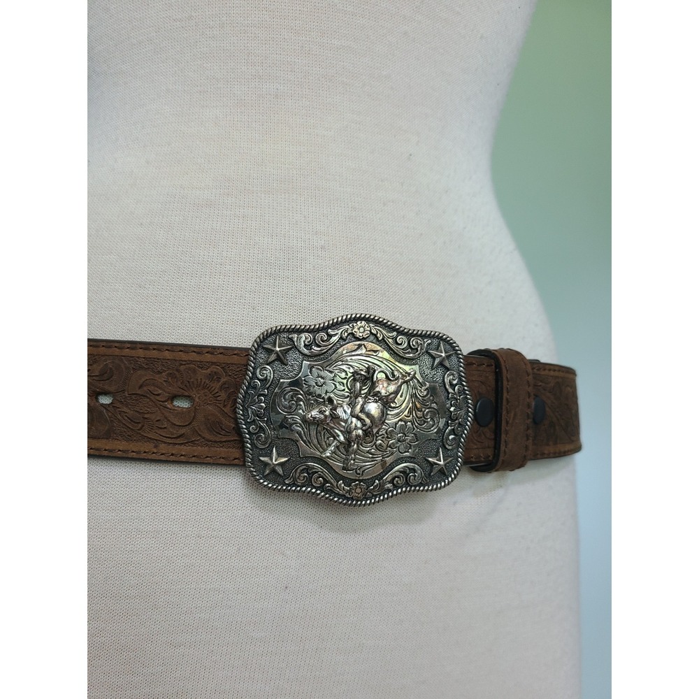 Nocona Embossed Floral Brown Leather Belt Silver Rodeo Bull Rider Stamped Buckle - Picture 2 of 9